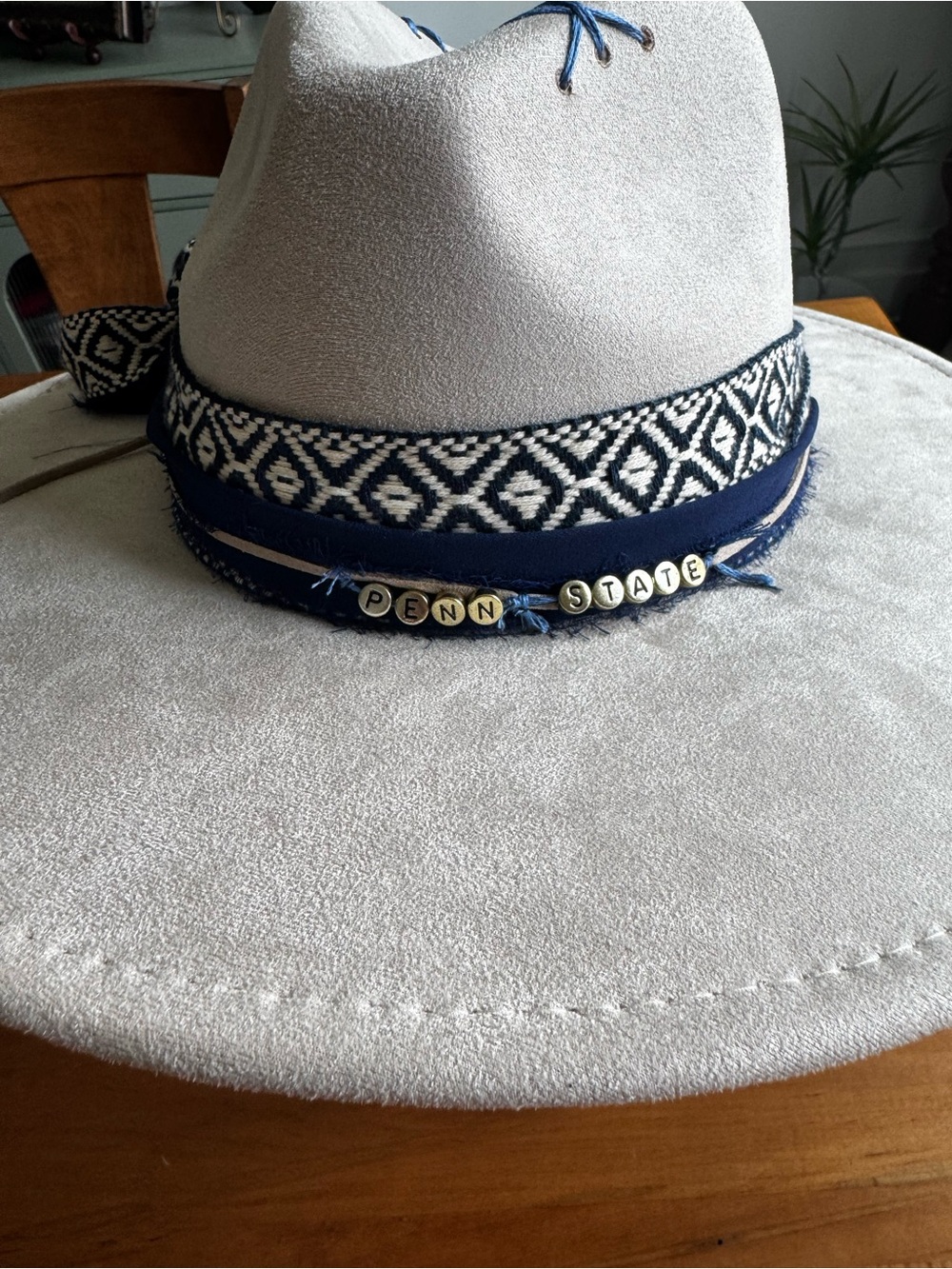 Hand Crafted Cream Wide-Brim Embellished Penn State Hat - Picture 6 of 14
